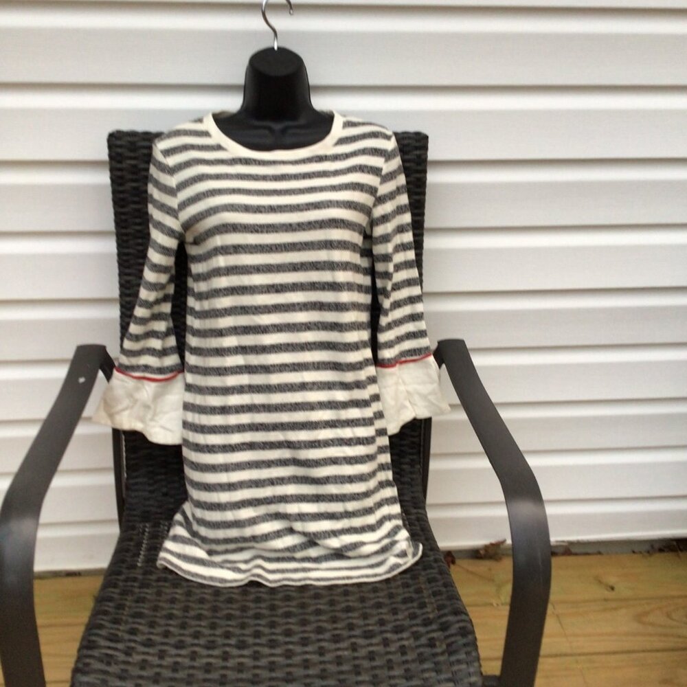 White + Warren Ivory Heather Gray Striped Knit Bell Sleeve Shift Dress Size XS